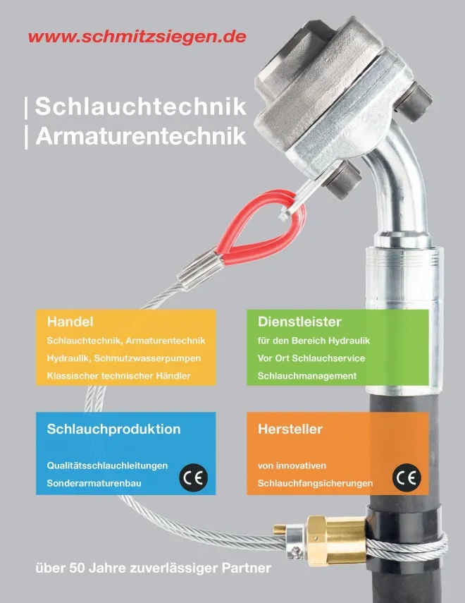 Deckblatt Unternehmensflyer Schmitz Siegen Schlauchtechnik, Armaturentechnik